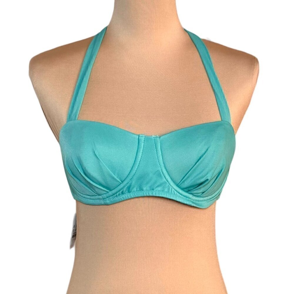 NWT J.Crew Bandeau Bikini Top Lagoon Green Teal Underwire Halter Strap Sz. 34C